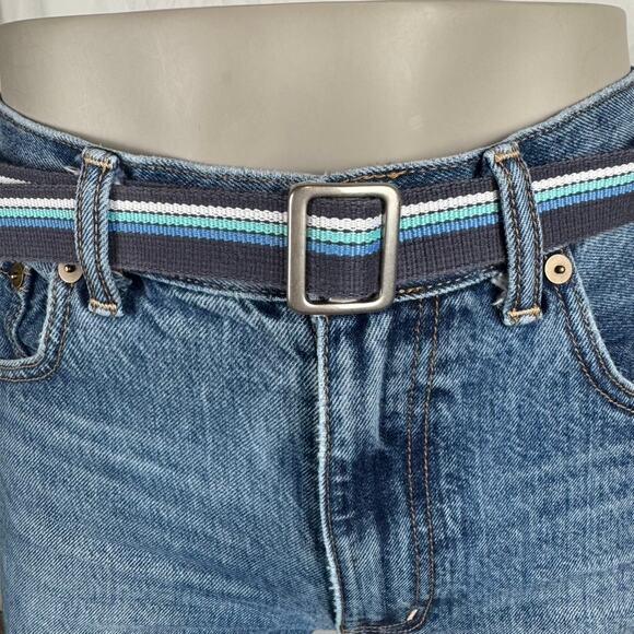 🍋2/$30- American Vintage Y2K Blue Striped Fabric Belt with Metal Buckle - Picture 1 of 9